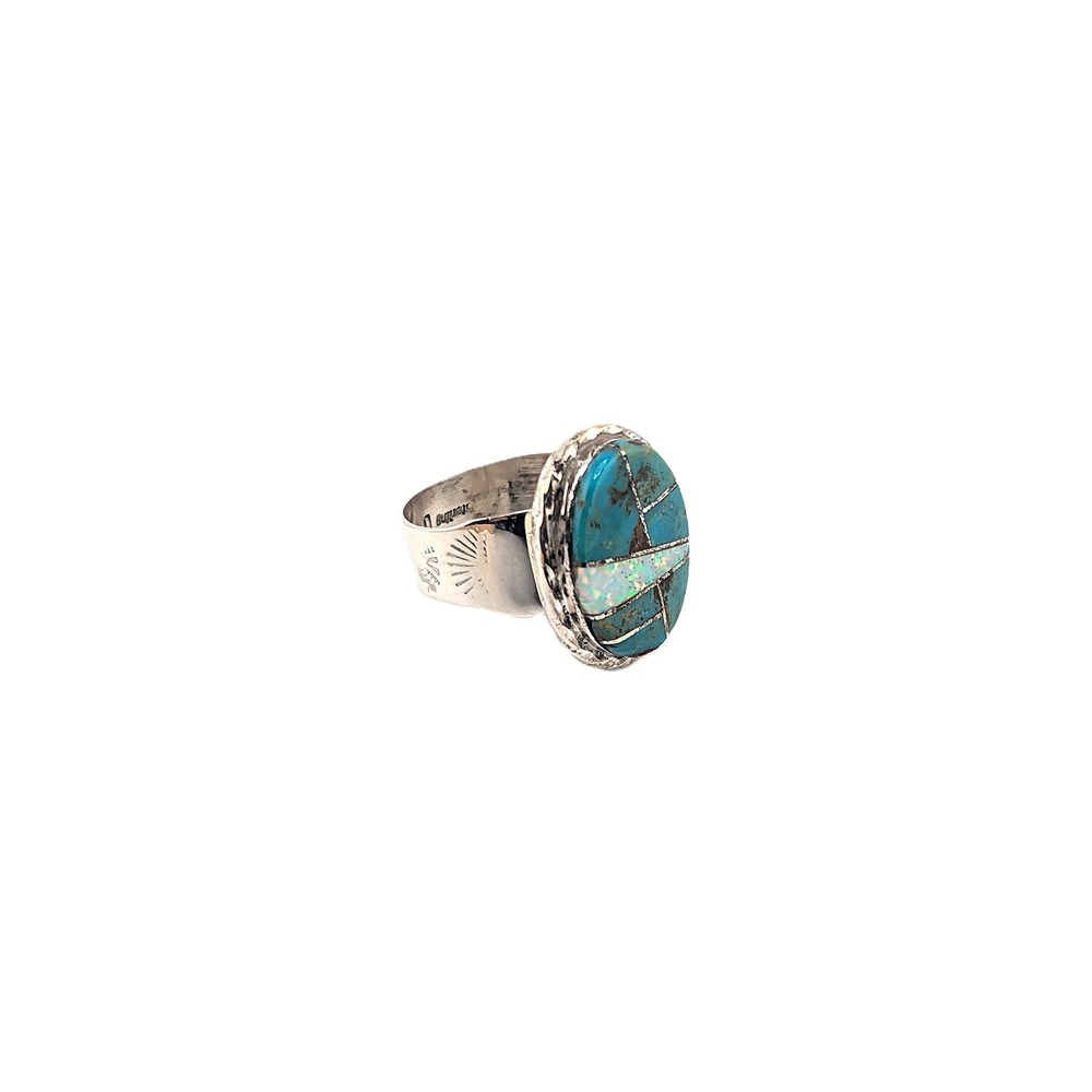Handcrafted Navajo Turquoise Opal Inlay Oval Tri-Cut Ring Signed NA Sz 12 US** - Picture 9 of 10